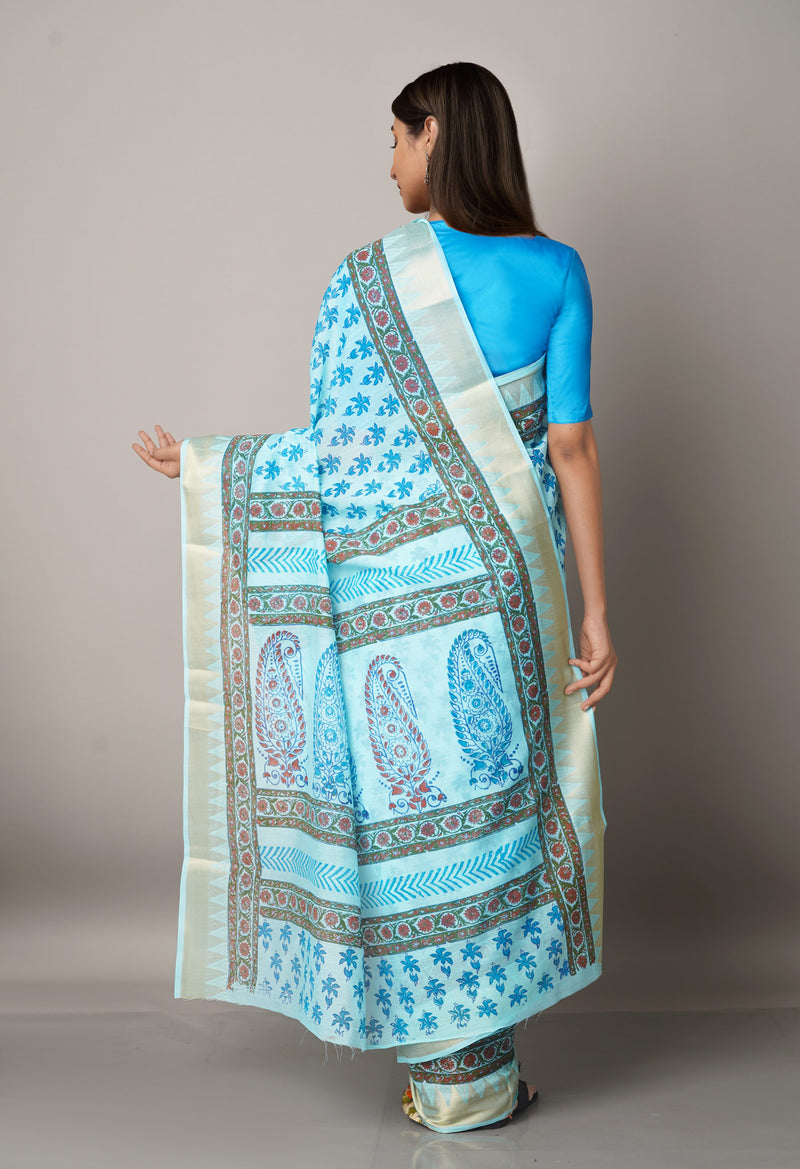 Blue Pure Block Printed Chanderi Cotton Saree With Kalamkari Blouse Piece-UNM66819