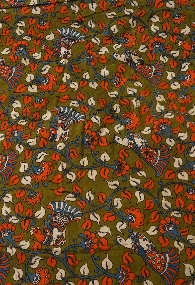 Blue Pure Block Printed Chanderi Cotton Saree With Kalamkari Blouse Piece-UNM66819