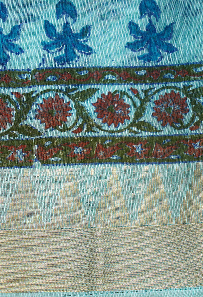 Blue Pure Block Printed Chanderi Cotton Saree With Kalamkari Blouse Piece-UNM66819