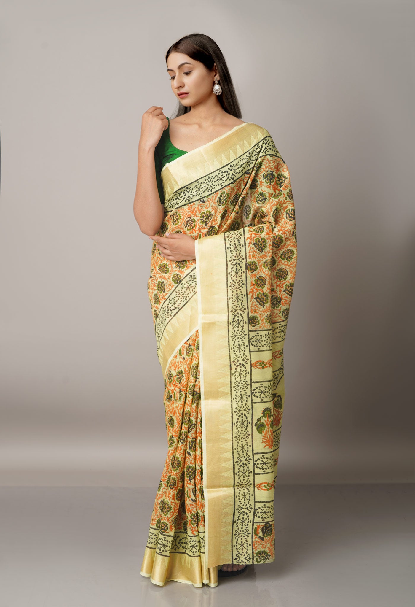 Multi Pure Block Printed Chanderi Cotton Saree With Kalamkari Blouse Piece-UNM66820