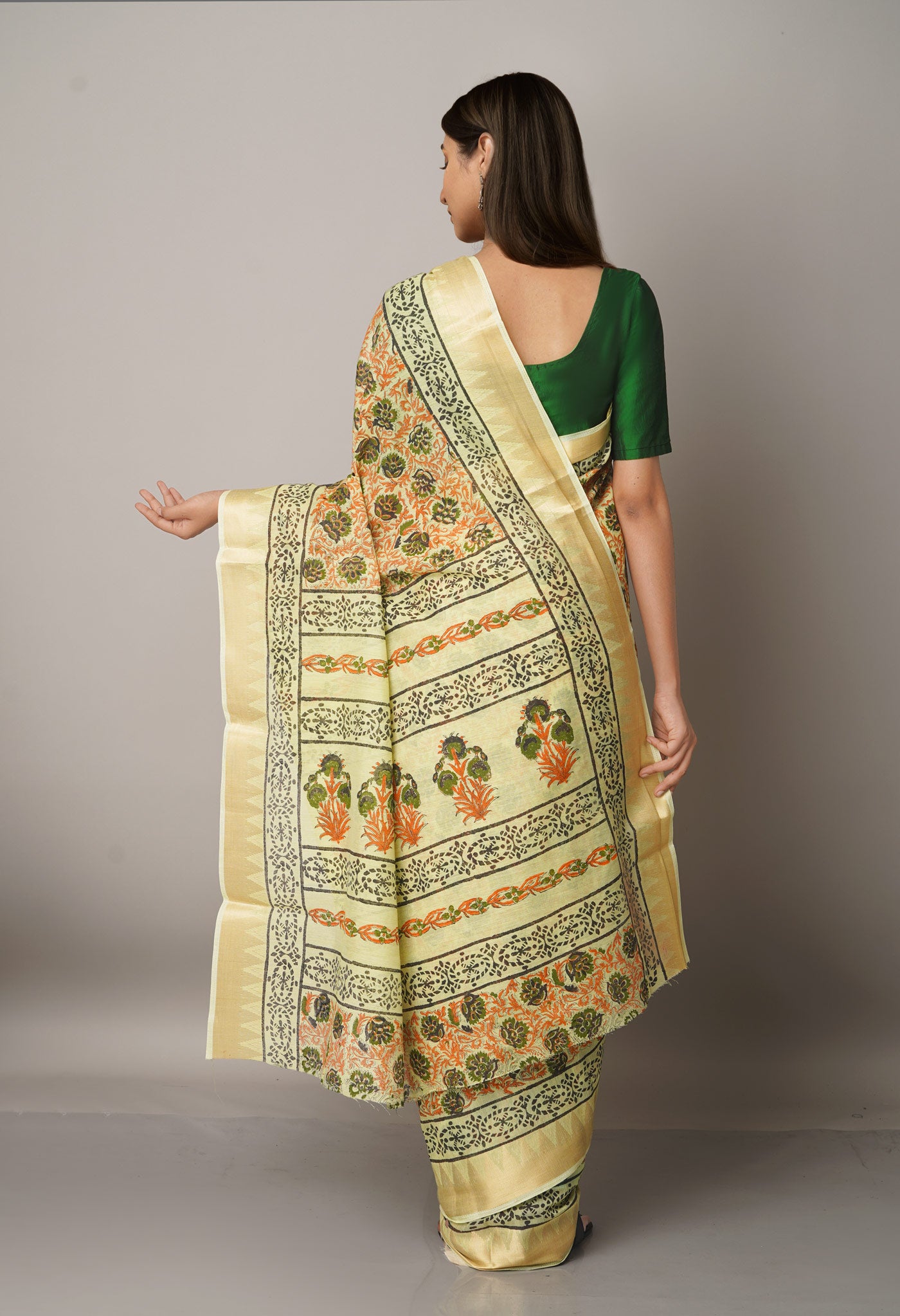 Multi Pure Block Printed Chanderi Cotton Saree With Kalamkari Blouse Piece-UNM66820