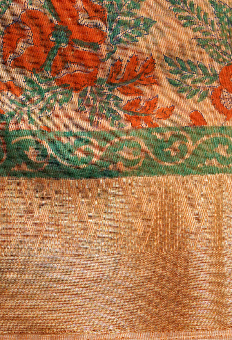 Orange Pure Block Printed Chanderi Cotton Saree With Kalamkari Blouse Piece-UNM66821