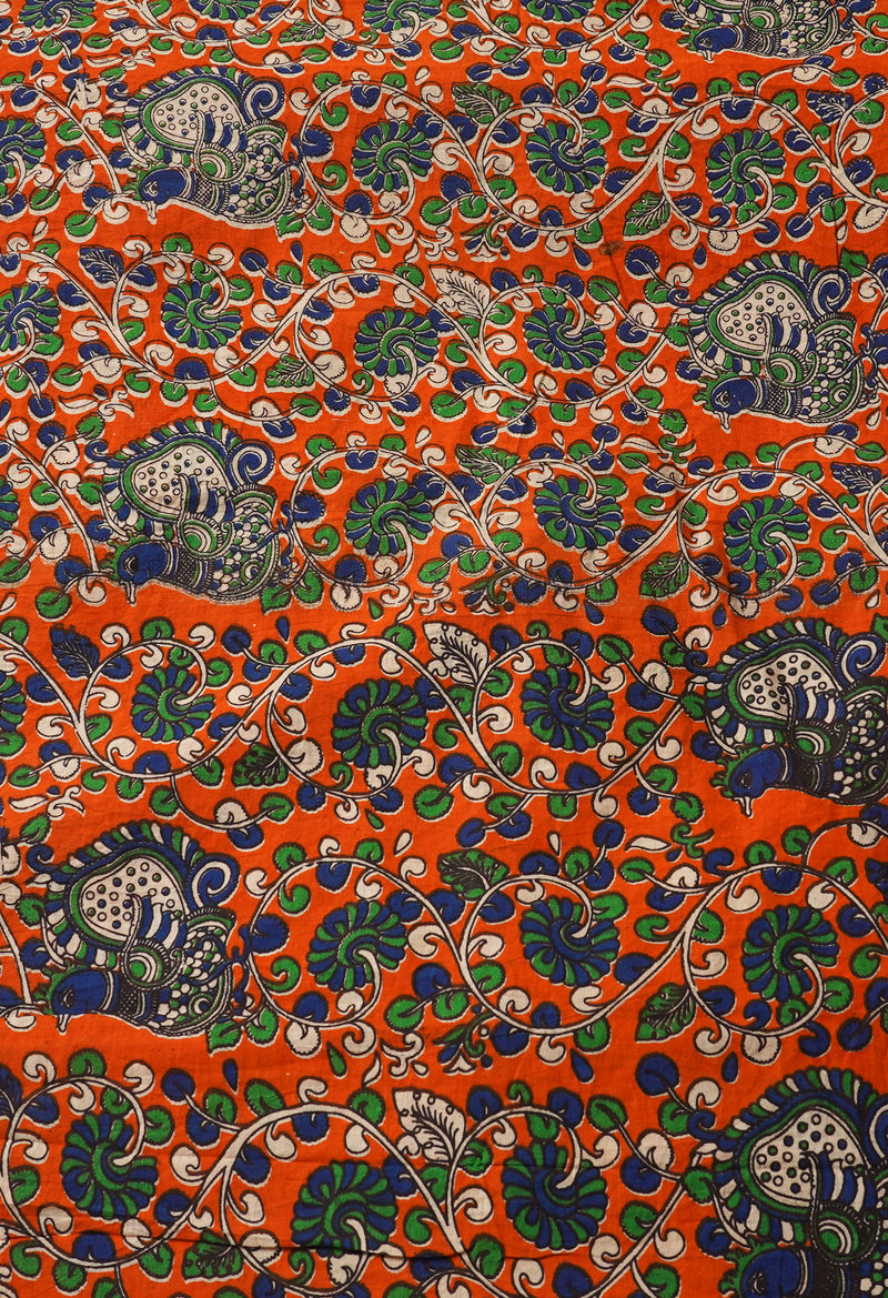 Orange Pure Block Printed Chanderi Cotton Saree With Kalamkari Blouse Piece-UNM66821