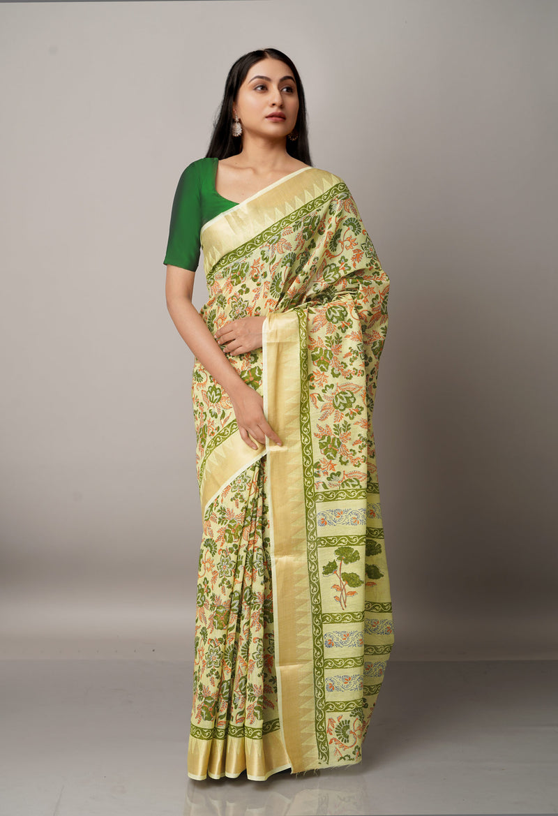 Green Pure Block Printed Chanderi Cotton Saree With Kalamkari Blouse Piece-UNM66823