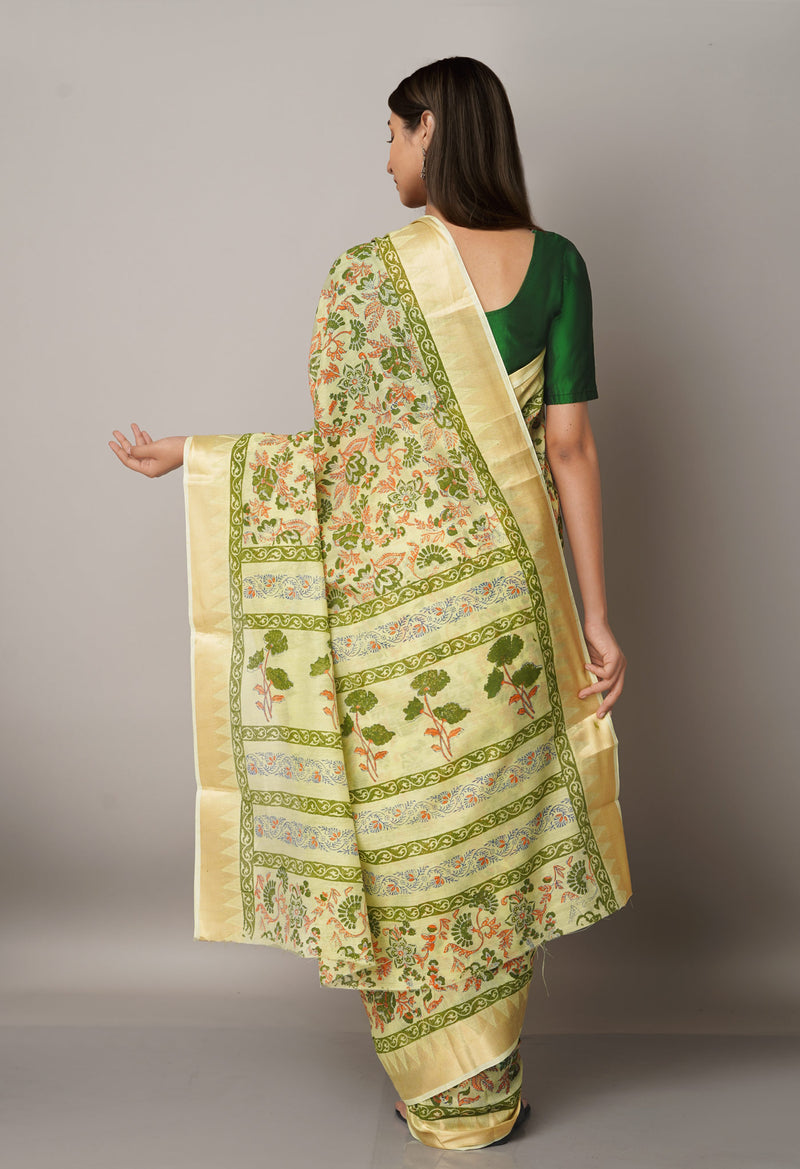 Green Pure Block Printed Chanderi Cotton Saree With Kalamkari Blouse Piece-UNM66823