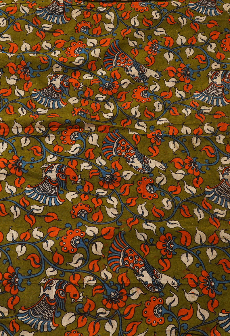 Green Pure Block Printed Chanderi Cotton Saree With Kalamkari Blouse Piece-UNM66823