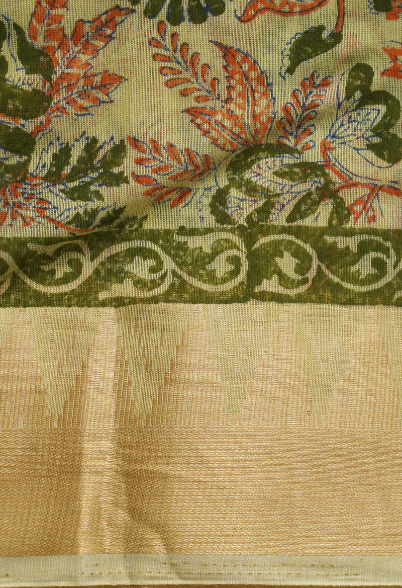 Green Pure Block Printed Chanderi Cotton Saree With Kalamkari Blouse Piece-UNM66823