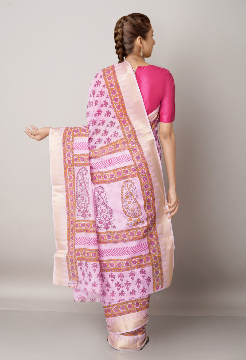 Pink Pure Block Printed Chanderi Cotton Saree With Kalamkari Blouse Piece-UNM66824