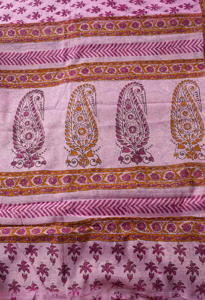 Pink Pure Block Printed Chanderi Cotton Saree With Kalamkari Blouse Piece-UNM66824