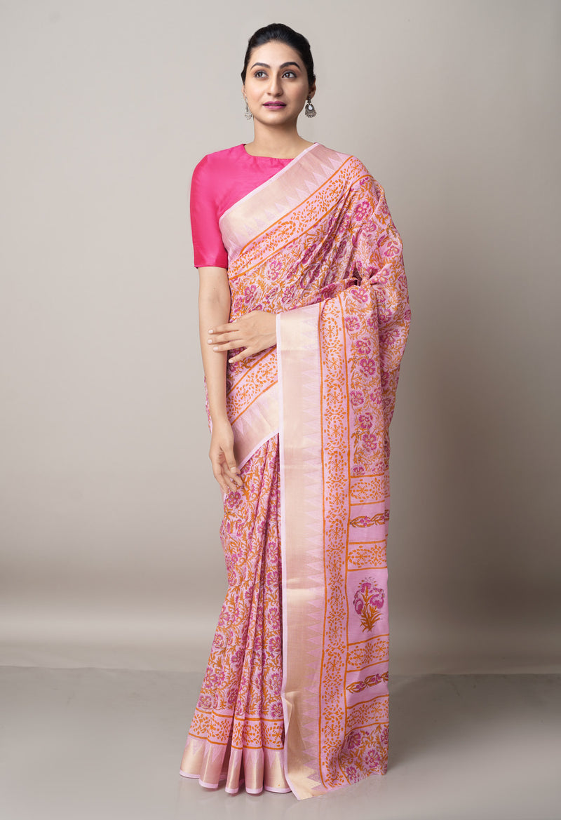 Pink Pure Block Printed Chanderi Cotton Saree With Kalamkari Blouse Piece-UNM66826