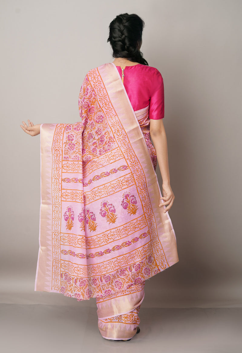 Pink Pure Block Printed Chanderi Cotton Saree With Kalamkari Blouse Piece-UNM66826