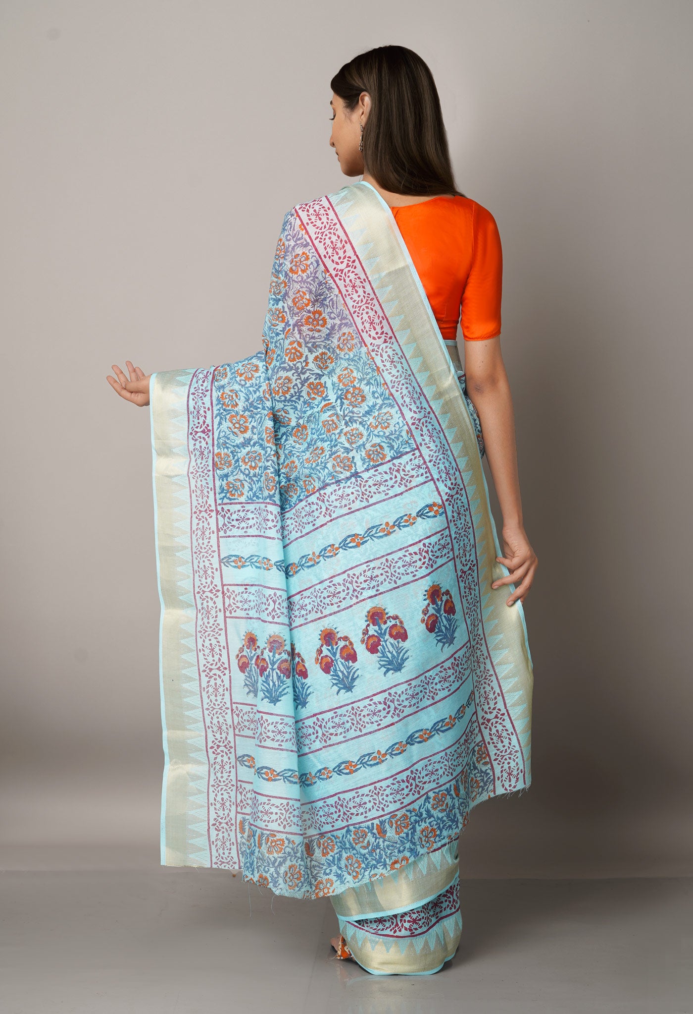 Blue Pure Block Printed Chanderi Cotton Saree With Kalamkari Blouse Piece-UNM66827