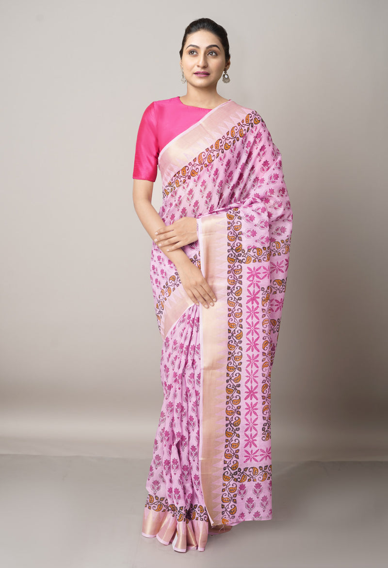 Pink Pure Block Printed Chanderi Cotton Saree With Kalamkari Blouse Piece-UNM66828