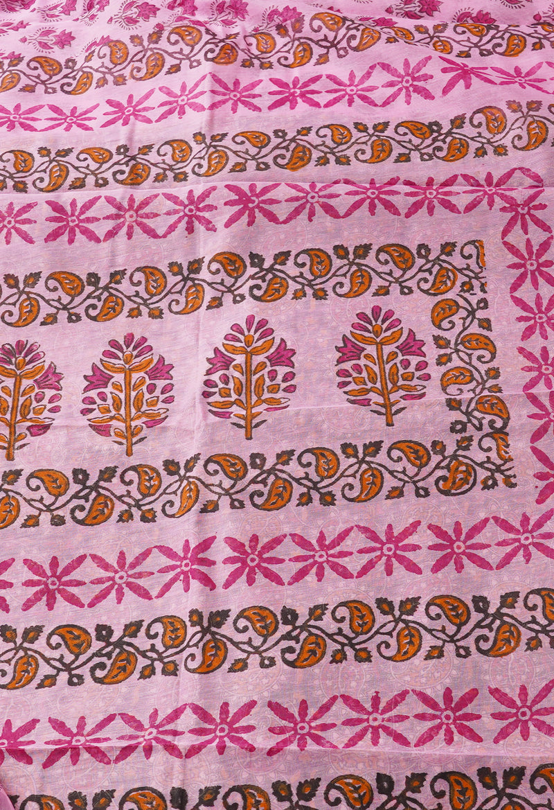 Pink Pure Block Printed Chanderi Cotton Saree With Kalamkari Blouse Piece-UNM66828