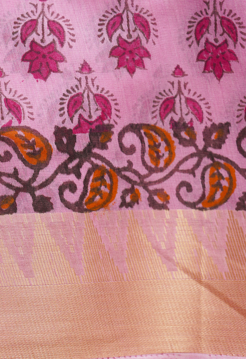 Pink Pure Block Printed Chanderi Cotton Saree With Kalamkari Blouse Piece-UNM66828