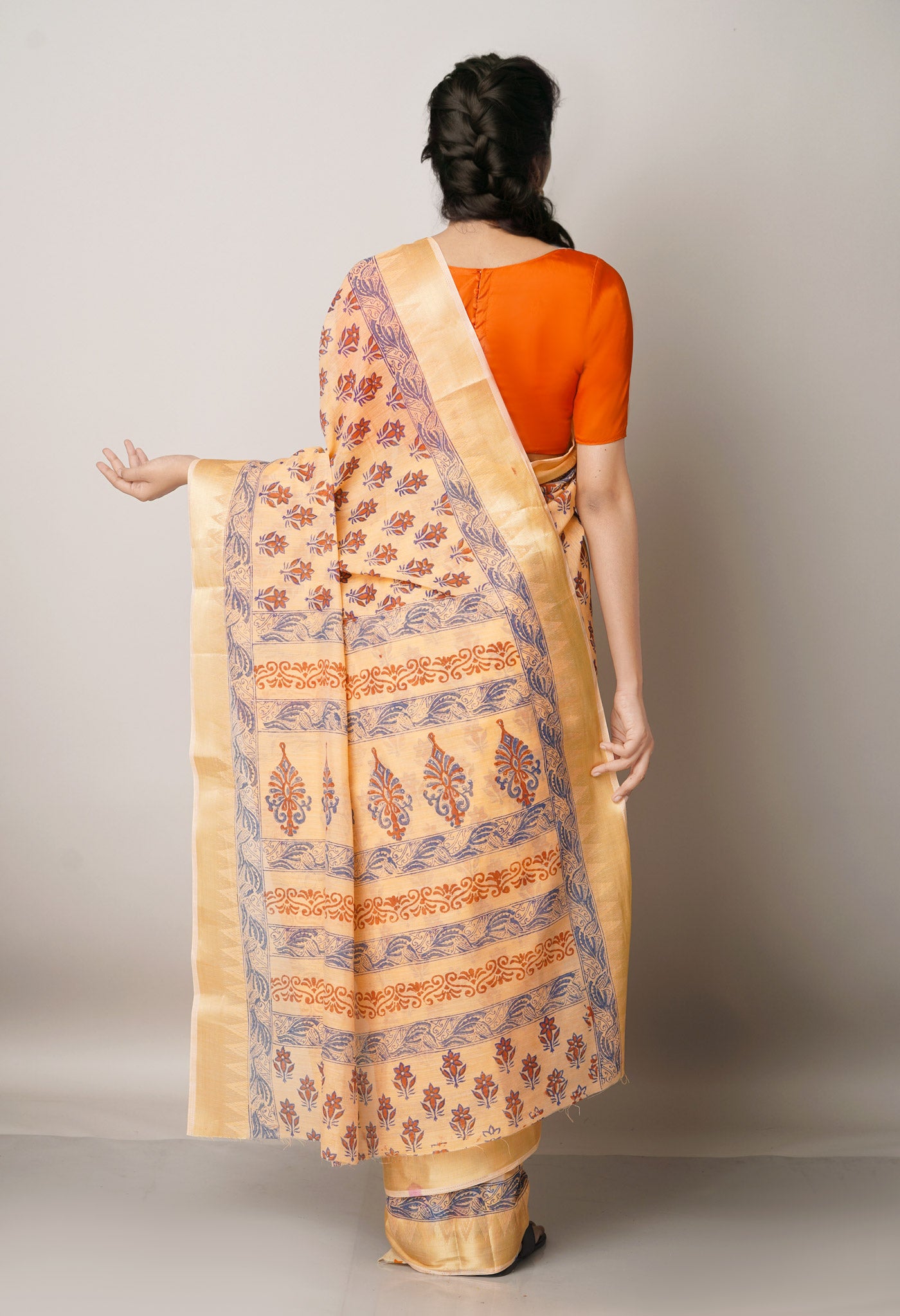 Orange Pure Block Printed Chanderi Cotton Saree With Kalamkari Blouse Piece-UNM66831
