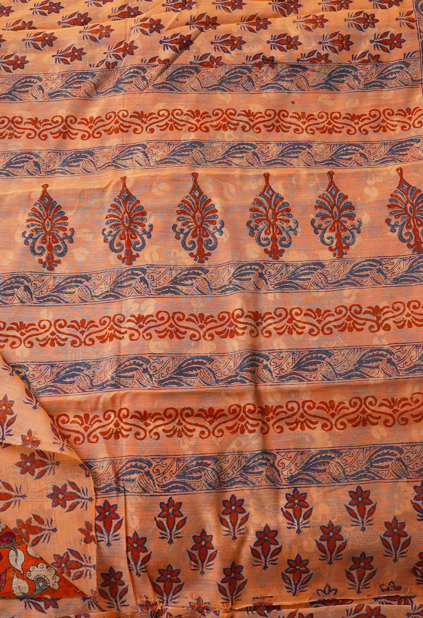 Orange Pure Block Printed Chanderi Cotton Saree With Kalamkari Blouse Piece-UNM66831