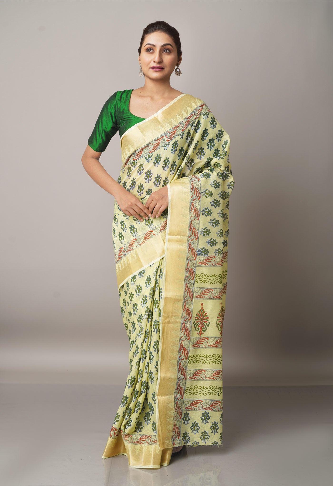 Light Green Pure Block Printed Chanderi Cotton Saree With Kalamkari Blouse Piece-UNM66832