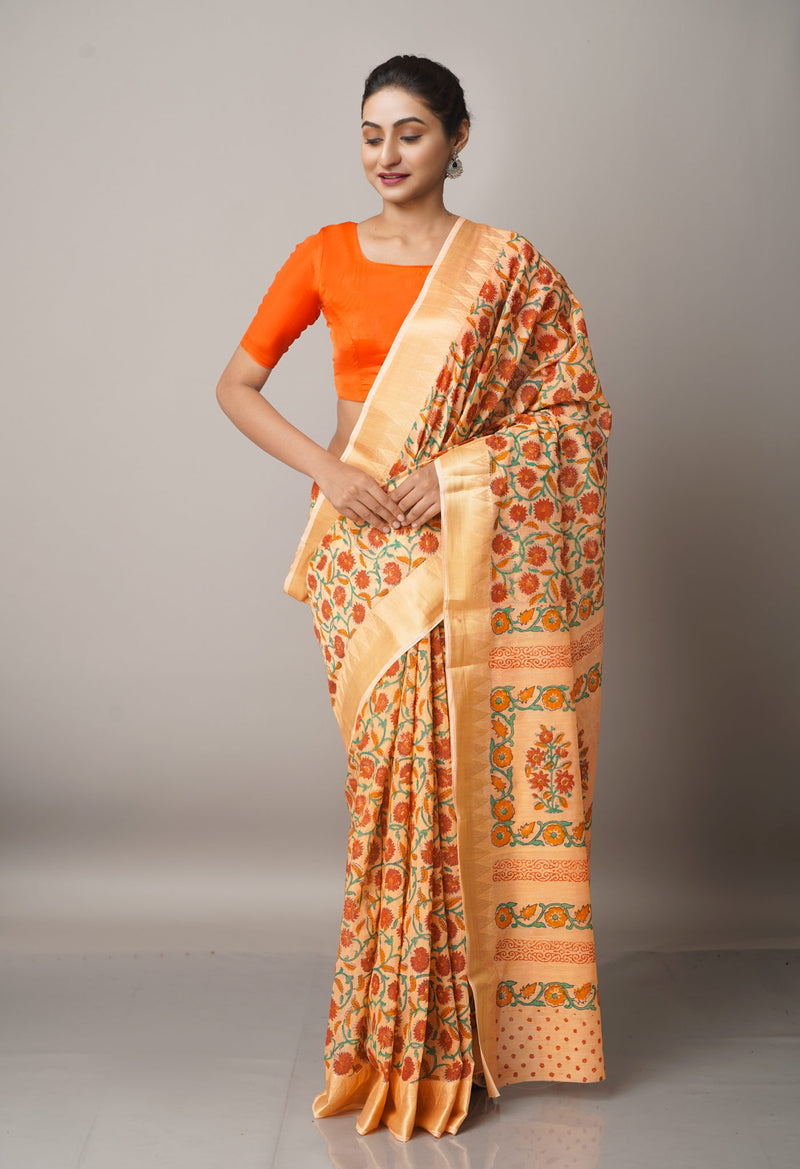 Orange Pure Block Printed Chanderi Cotton Saree With Kalamkari Blouse Piece-UNM66833