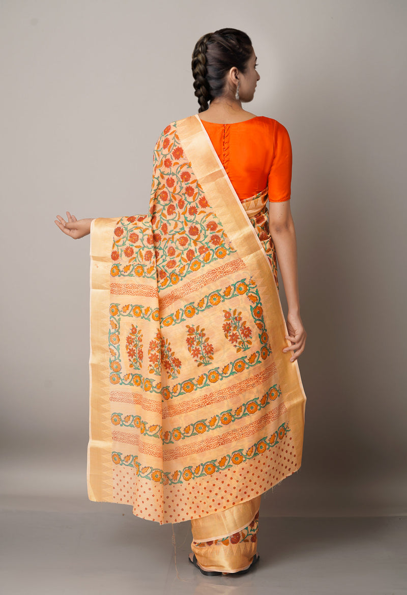 Orange Pure Block Printed Chanderi Cotton Saree With Kalamkari Blouse Piece-UNM66833