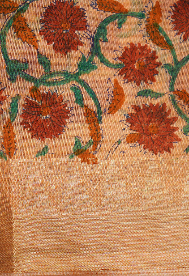 Orange Pure Block Printed Chanderi Cotton Saree With Kalamkari Blouse Piece-UNM66833