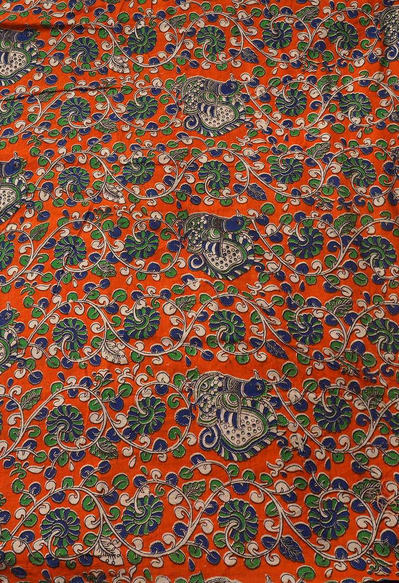 Orange Pure Block Printed Chanderi Cotton Saree With Kalamkari Blouse Piece-UNM66833