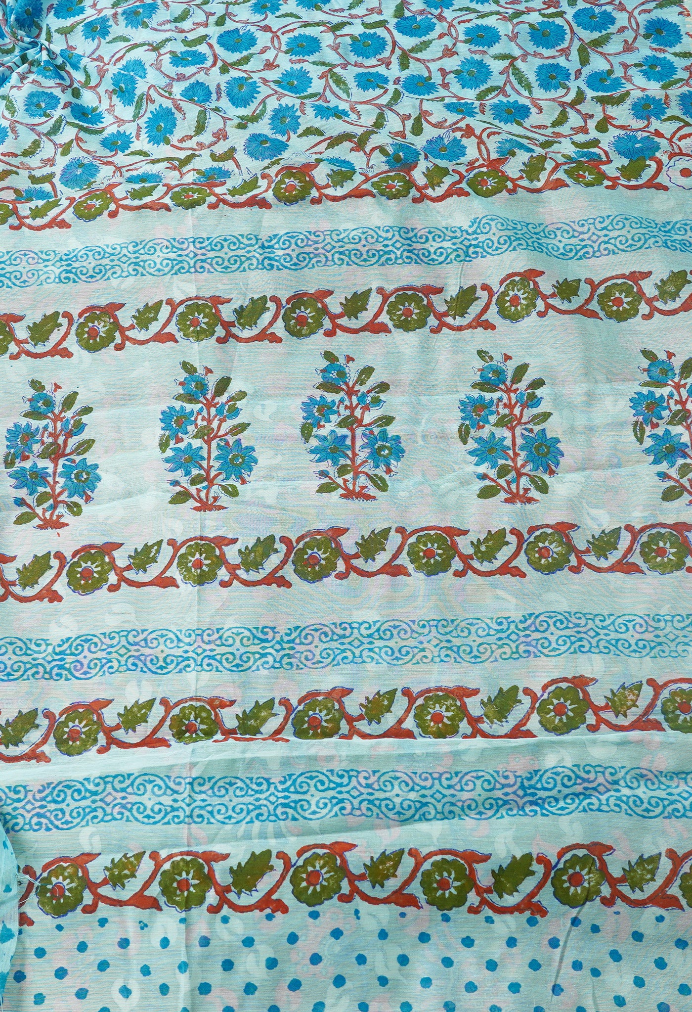 Blue Pure Block Printed Chanderi Cotton Saree With Kalamkari Blouse Piece-UNM66835