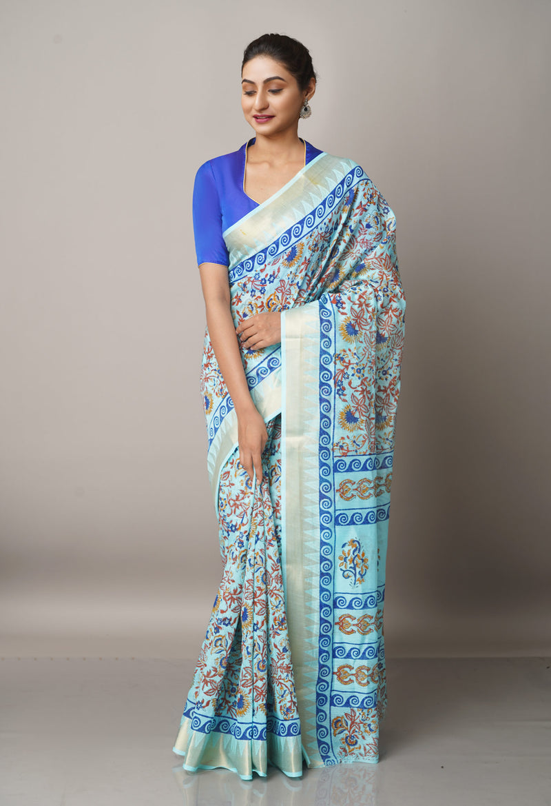 Blue Pure Block Printed Chanderi Cotton Saree With Kalamkari Blouse Piece-UNM66836