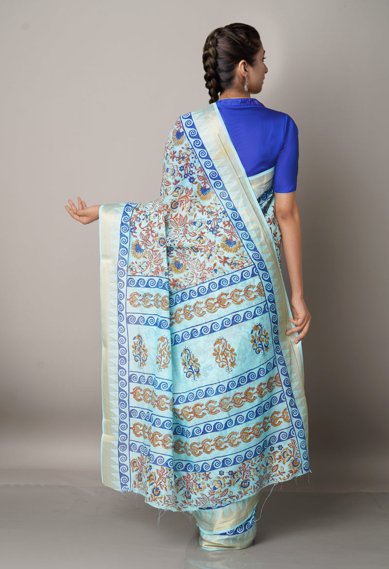 Blue Pure Block Printed Chanderi Cotton Saree With Kalamkari Blouse Piece-UNM66836
