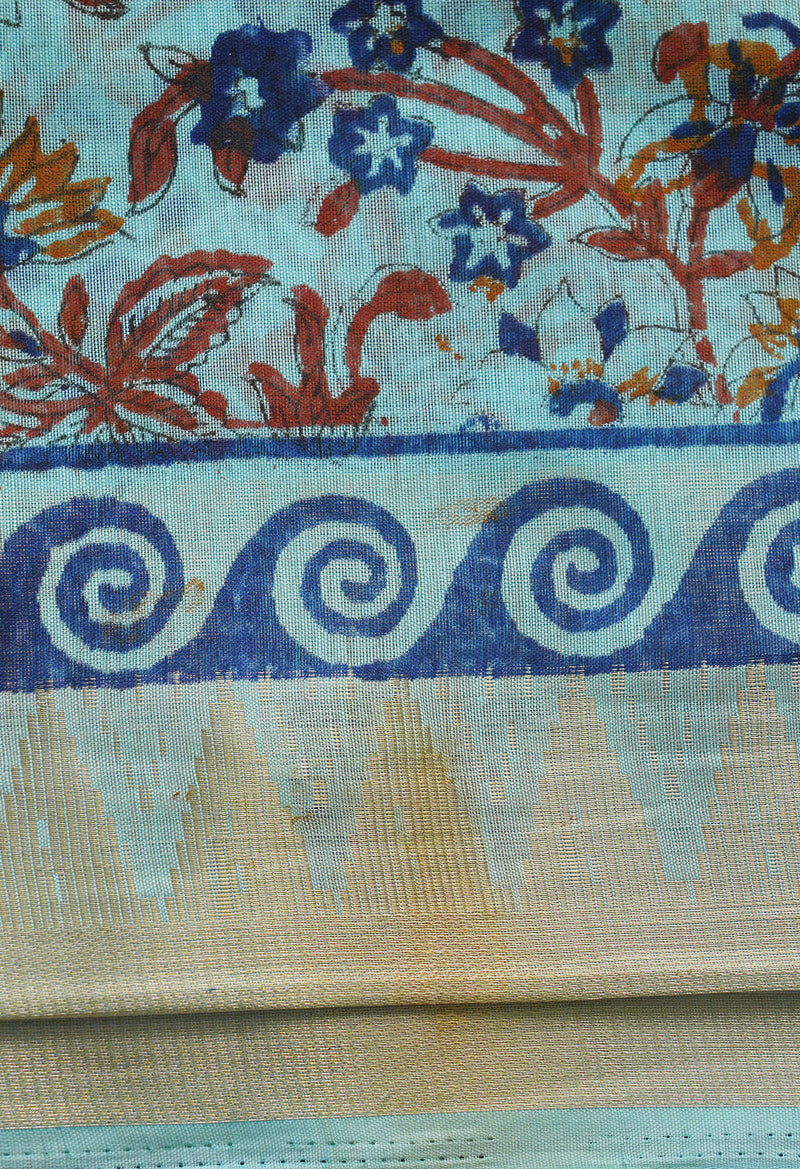 Blue Pure Block Printed Chanderi Cotton Saree With Kalamkari Blouse Piece-UNM66836