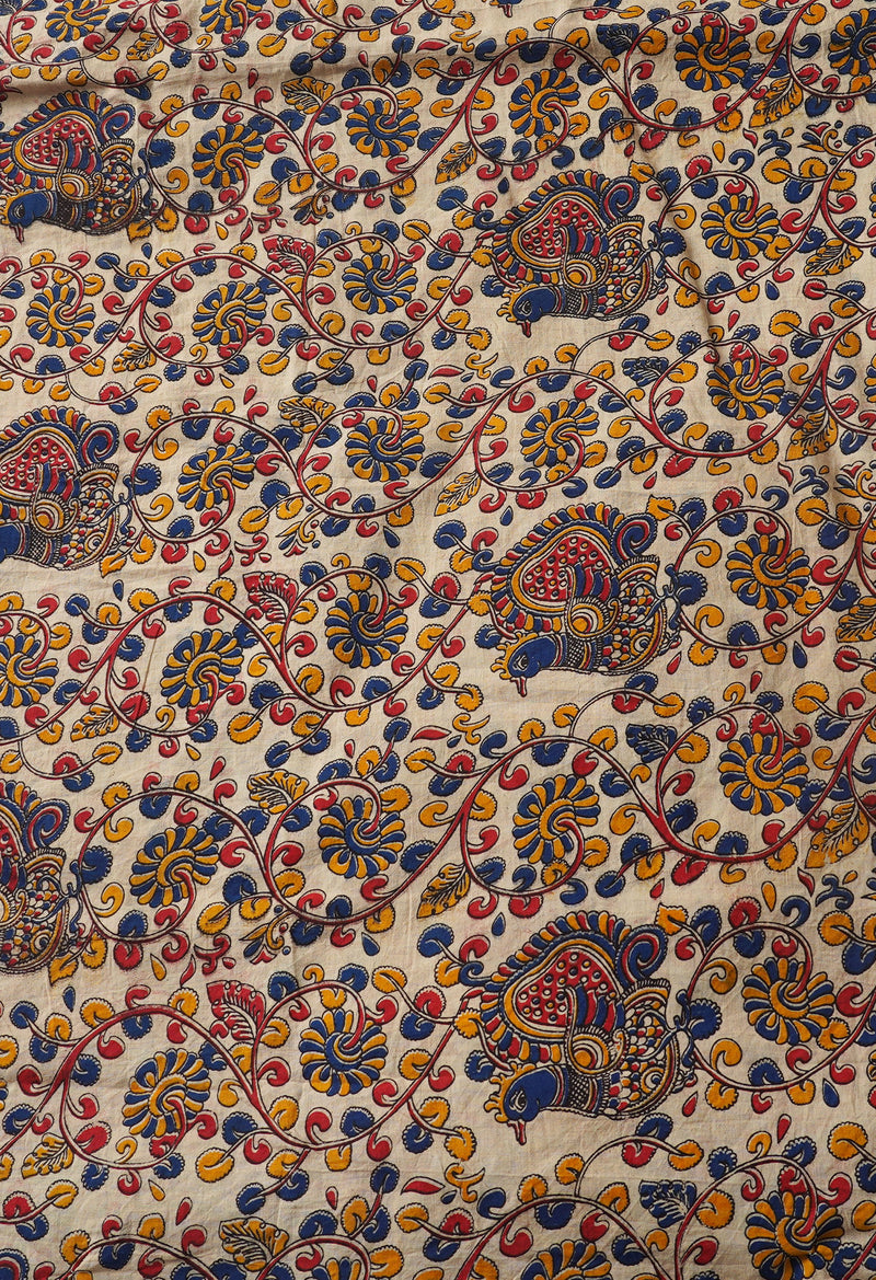 Blue Pure Block Printed Chanderi Cotton Saree With Kalamkari Blouse Piece-UNM66836