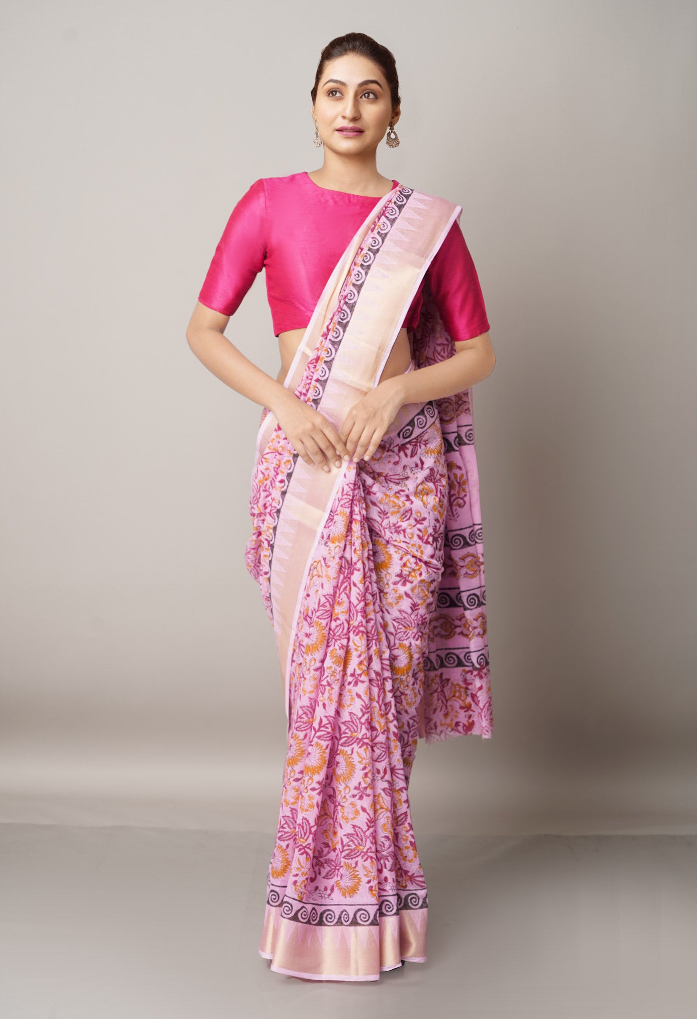 Pink Pure Block Printed Chanderi Cotton Saree With Kalamkari Blouse Piece-UNM66837