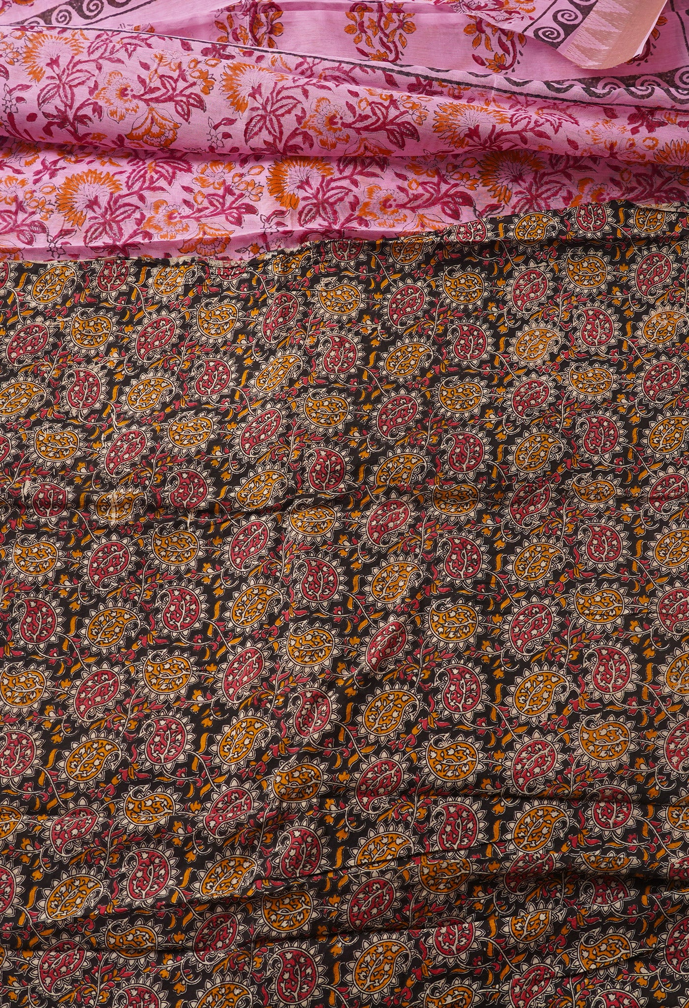 Pink Pure Block Printed Chanderi Cotton Saree With Kalamkari Blouse Piece-UNM66837