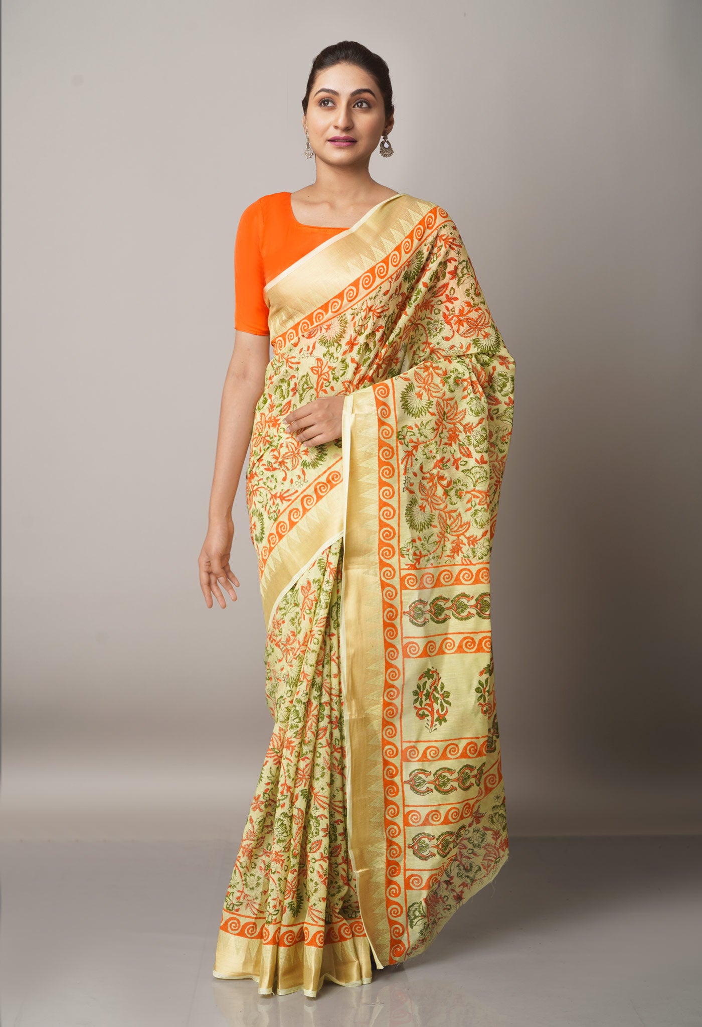 Light Green Pure Block Printed Chanderi Cotton Saree With Kalamkari Blouse Piece-UNM66838