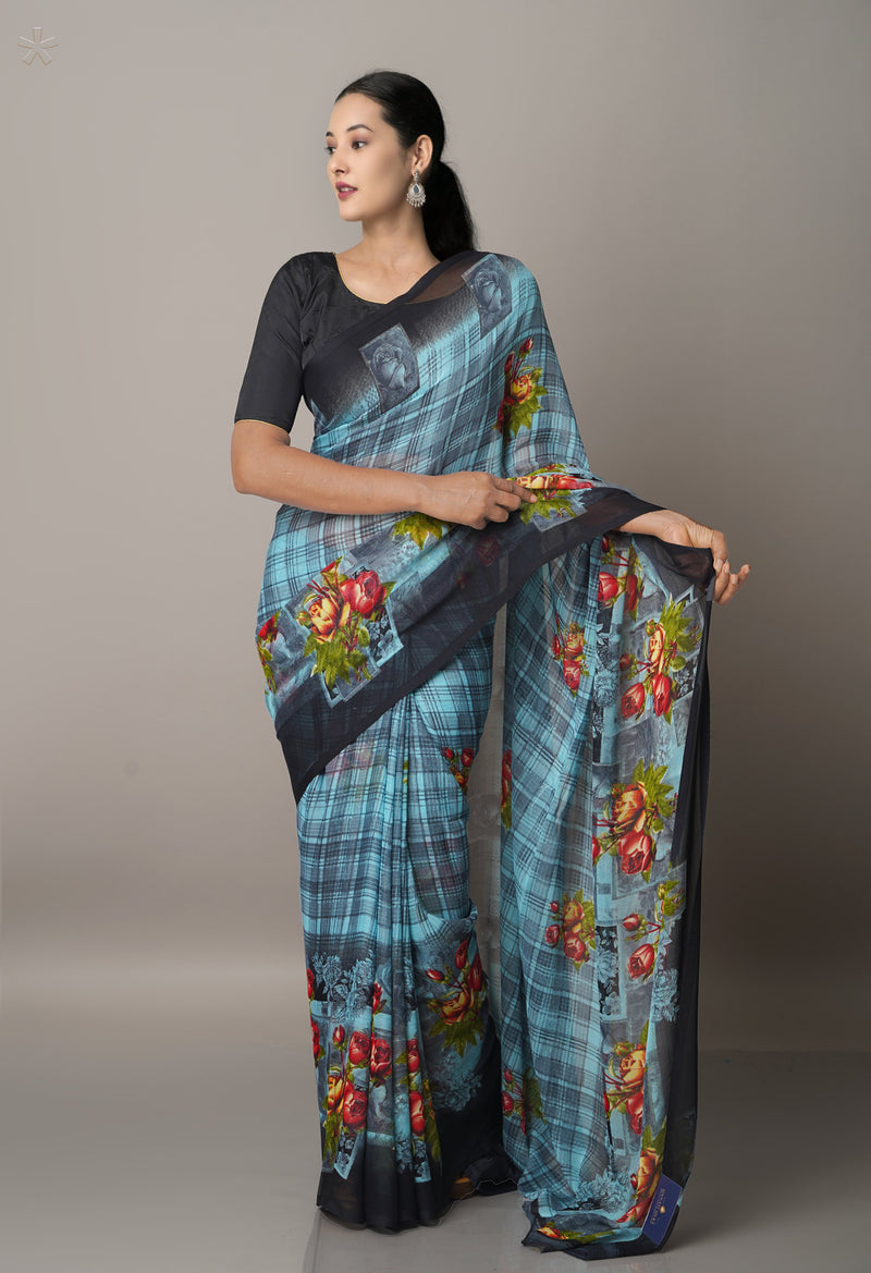 Light Blue  Fancy Block Printed Georgette Saree-UNM66852