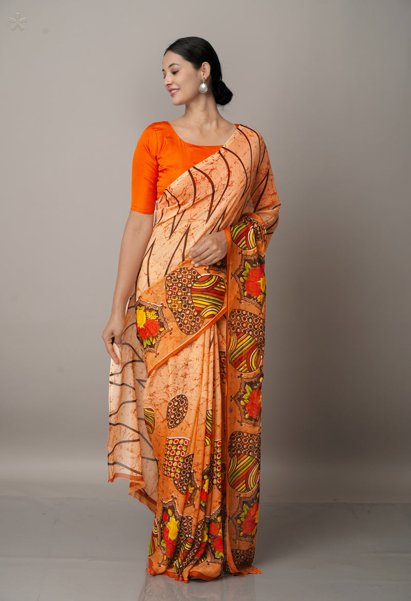 Light Orange  Fancy Block Printed Georgette Saree-UNM66877