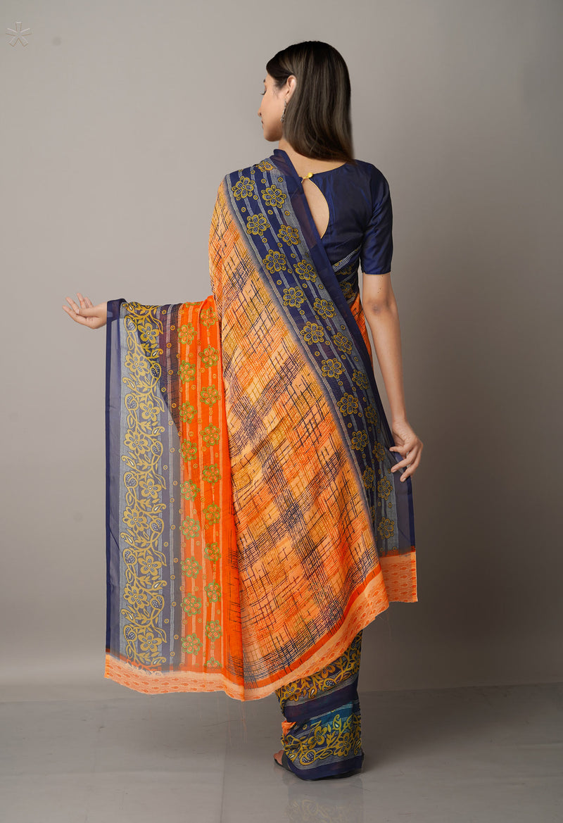 Orange  Fancy Block Printed Georgette Saree-UNM66920