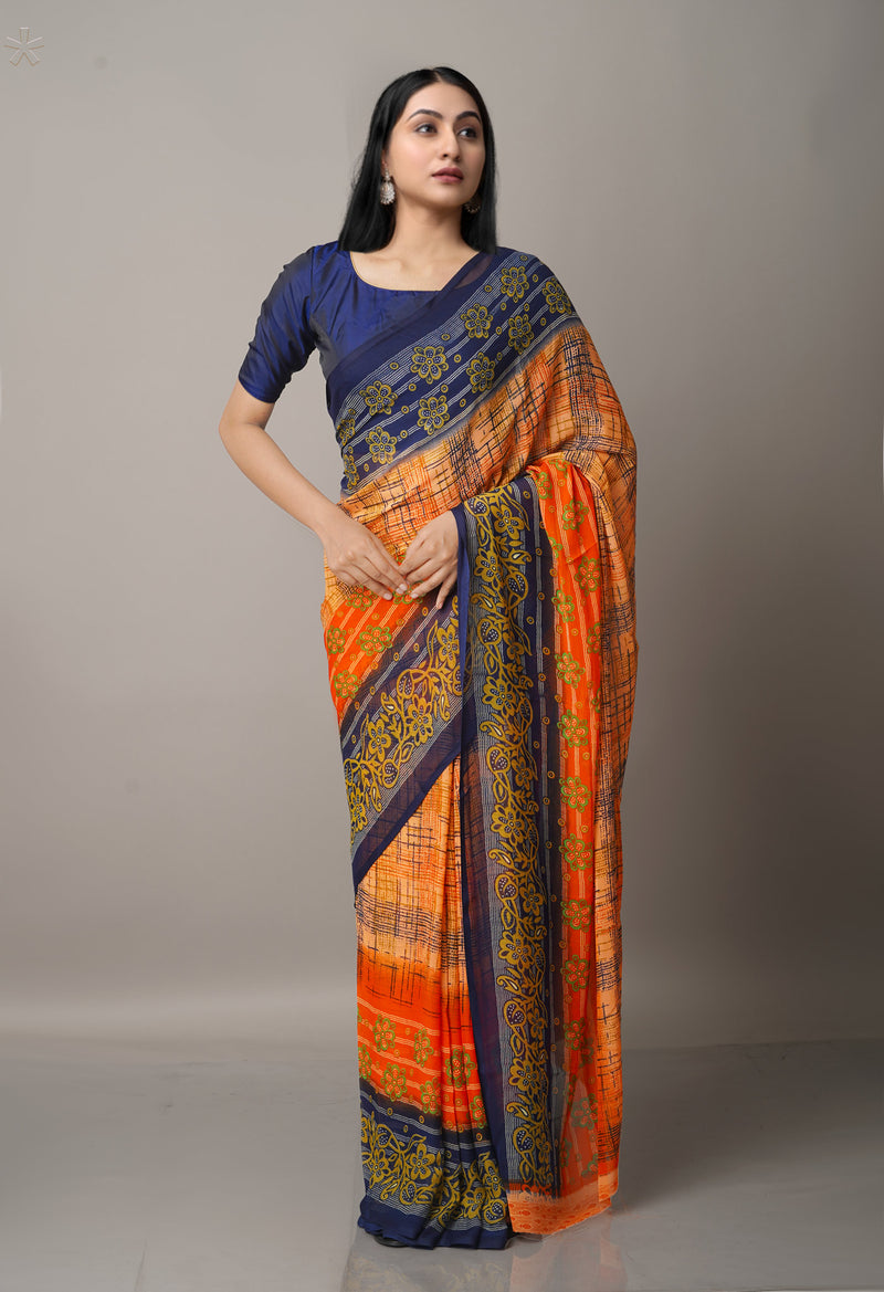 Orange  Fancy Block Printed Georgette Saree-UNM66920