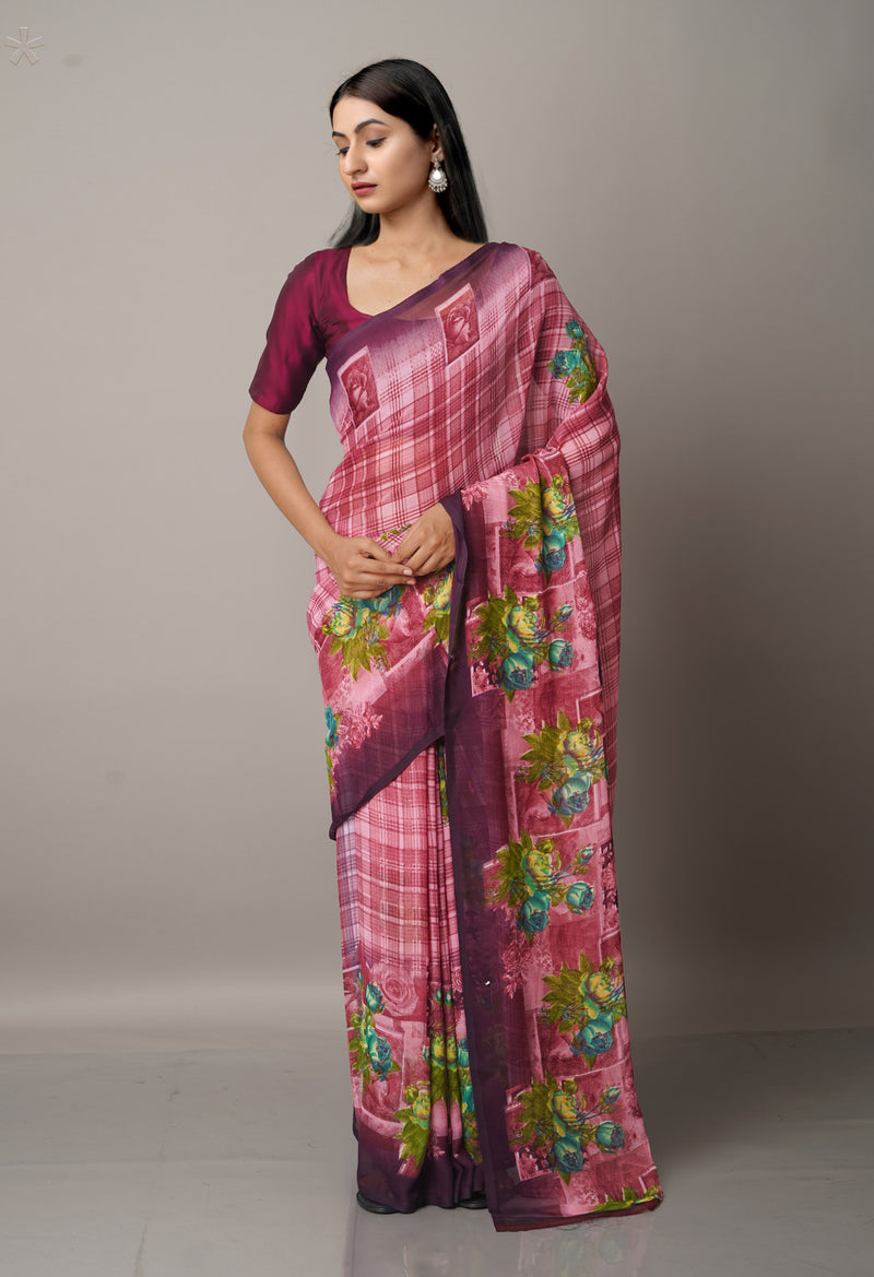 Burgundy  Fancy Block Printed Georgette Saree-UNM66922
