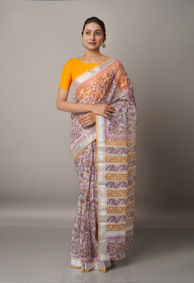 Cream Pure Block Printed Kota Cotton Saree-UNM66934