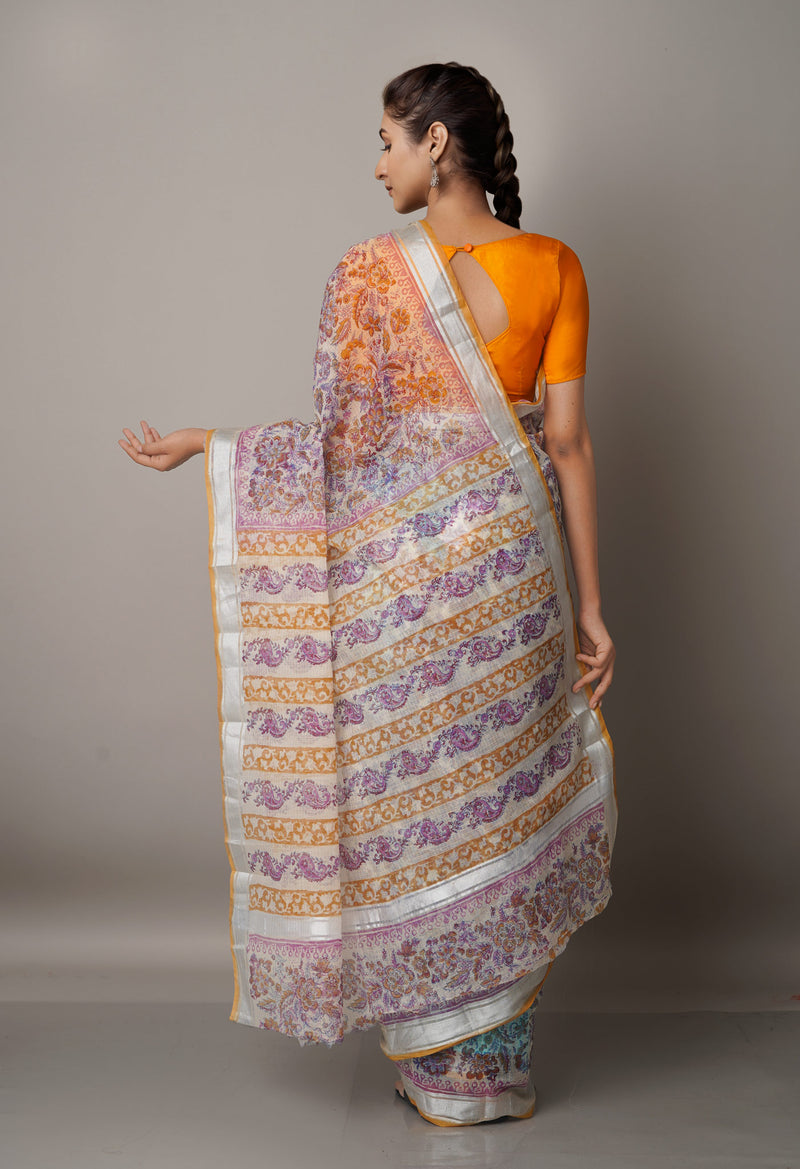 Cream Pure Block Printed Kota Cotton Saree-UNM66934