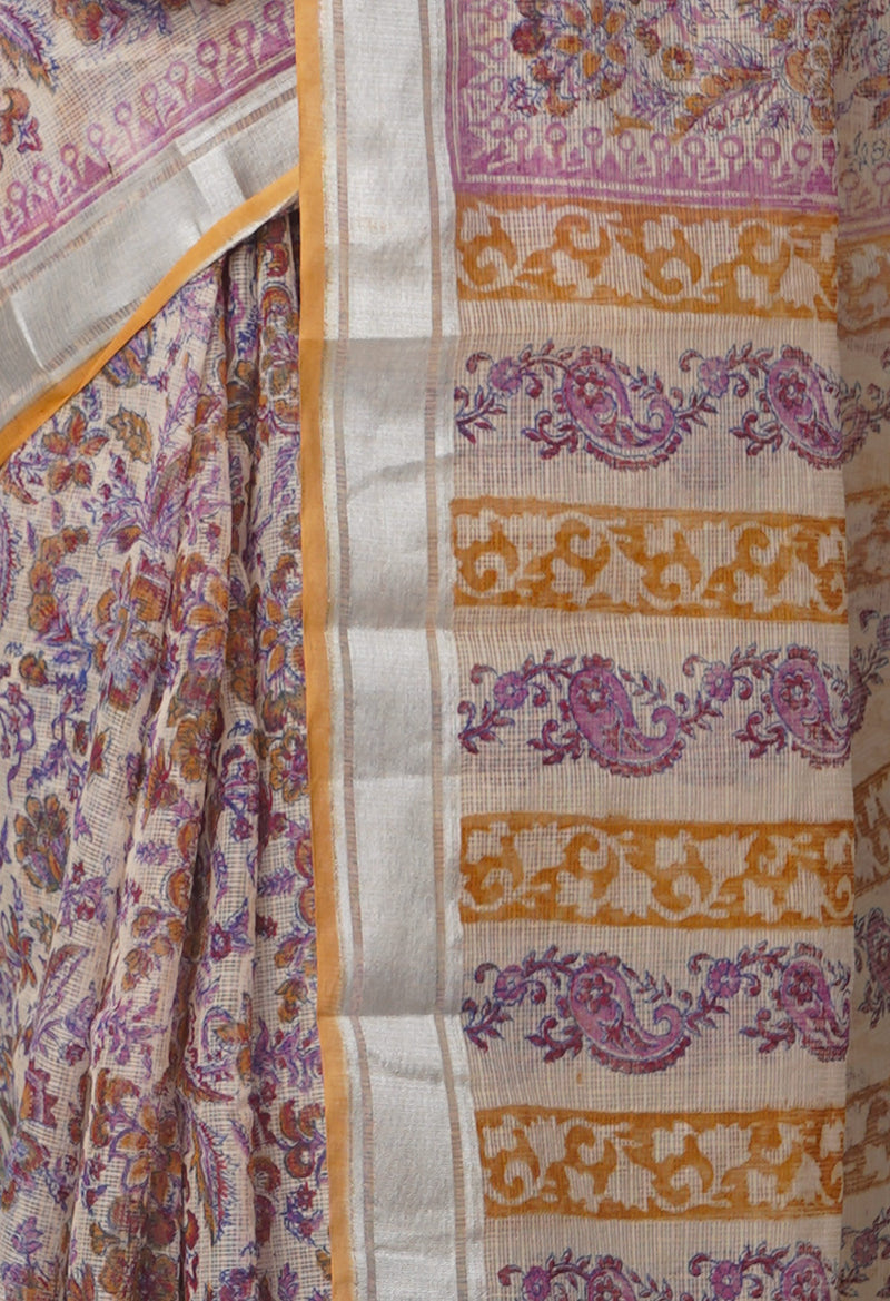 Cream Pure Block Printed Kota Cotton Saree-UNM66934