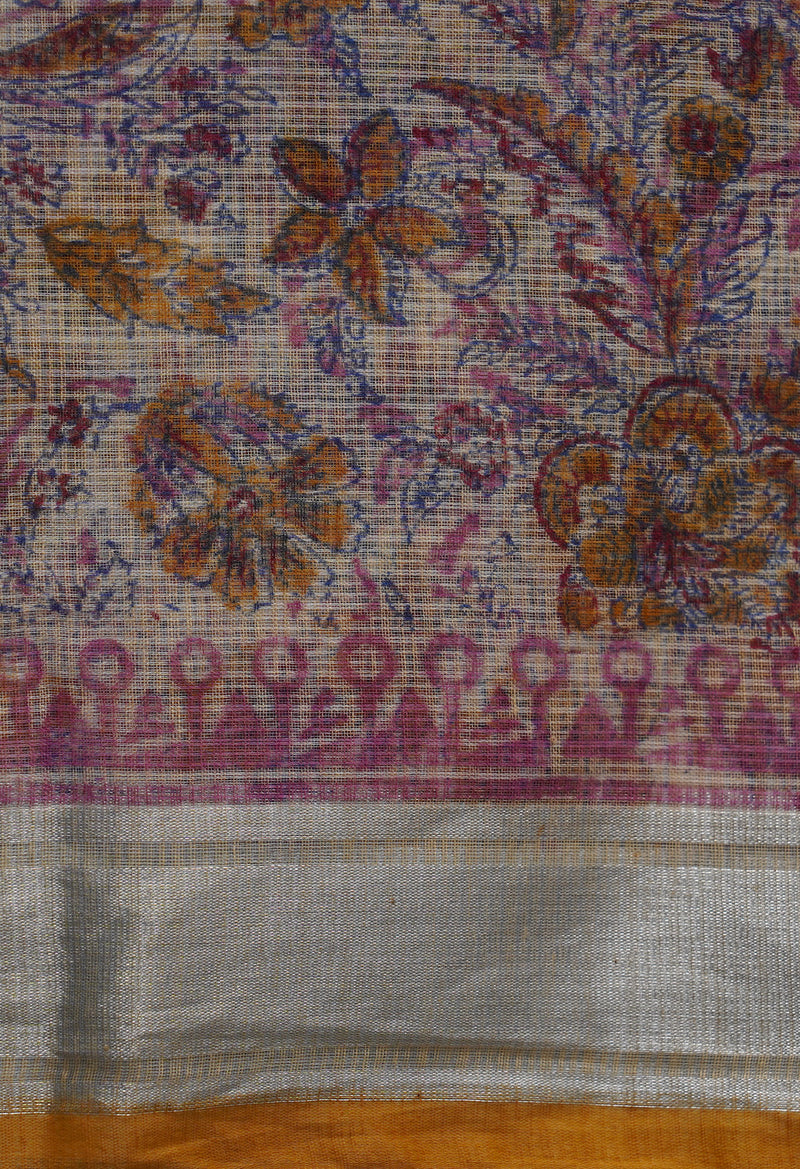 Cream Pure Block Printed Kota Cotton Saree-UNM66934