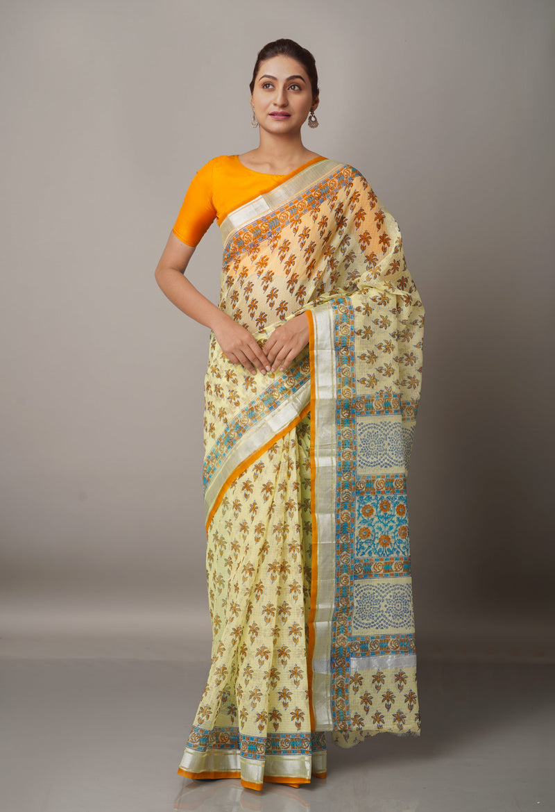 Cream Pure Block Printed Kota Cotton Saree-UNM66938