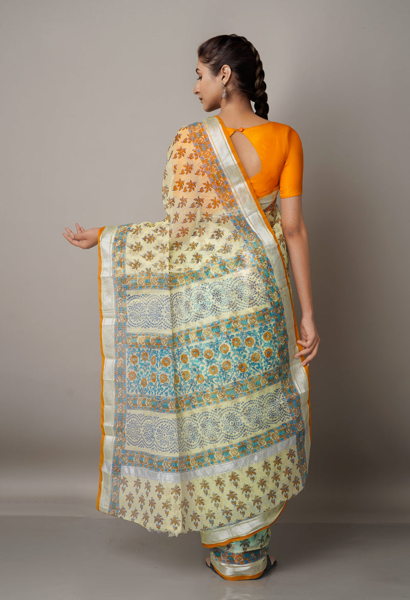Cream Pure Block Printed Kota Cotton Saree-UNM66938