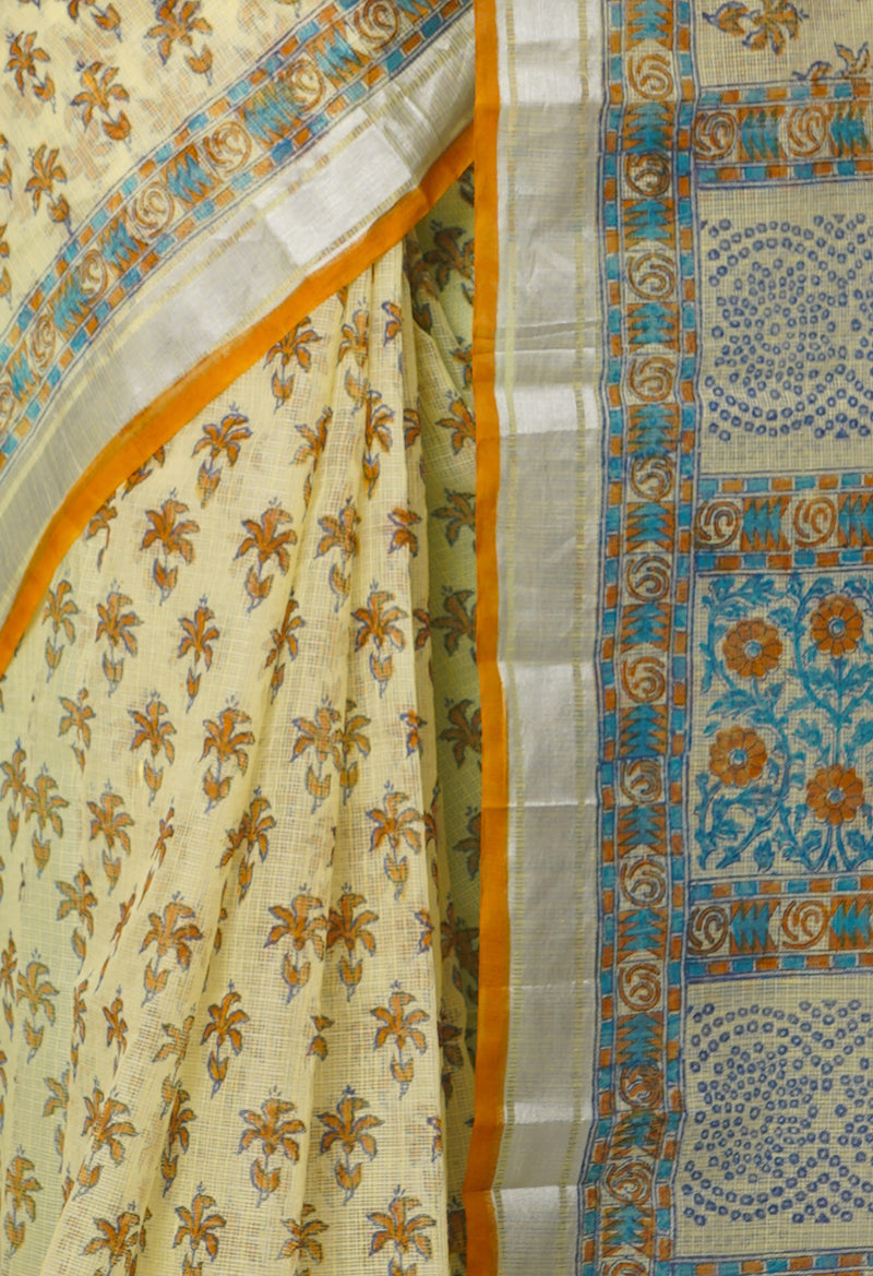 Cream Pure Block Printed Kota Cotton Saree-UNM66938