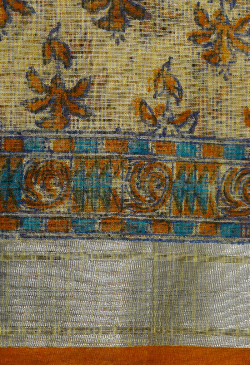 Cream Pure Block Printed Kota Cotton Saree-UNM66938