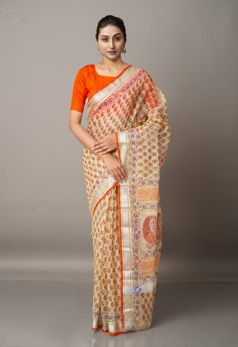 Cream Pure Block Printed Kota Cotton Saree-UNM66943