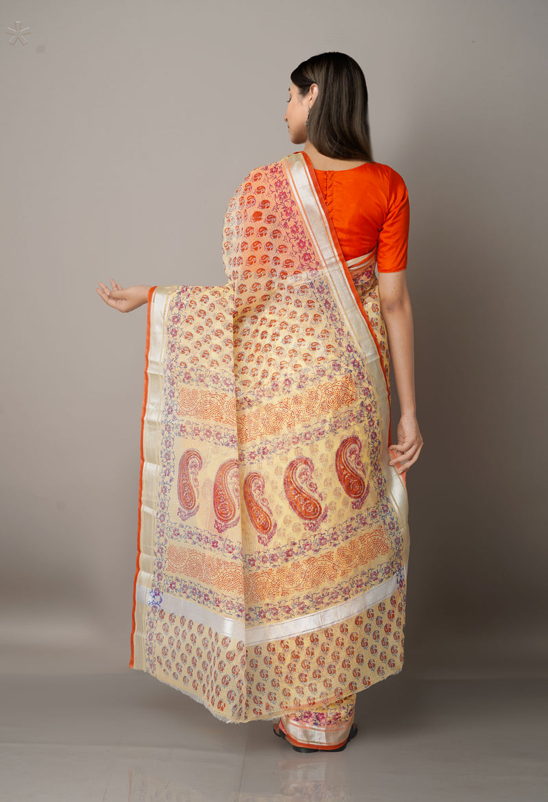 Cream Pure Block Printed Kota Cotton Saree-UNM66943