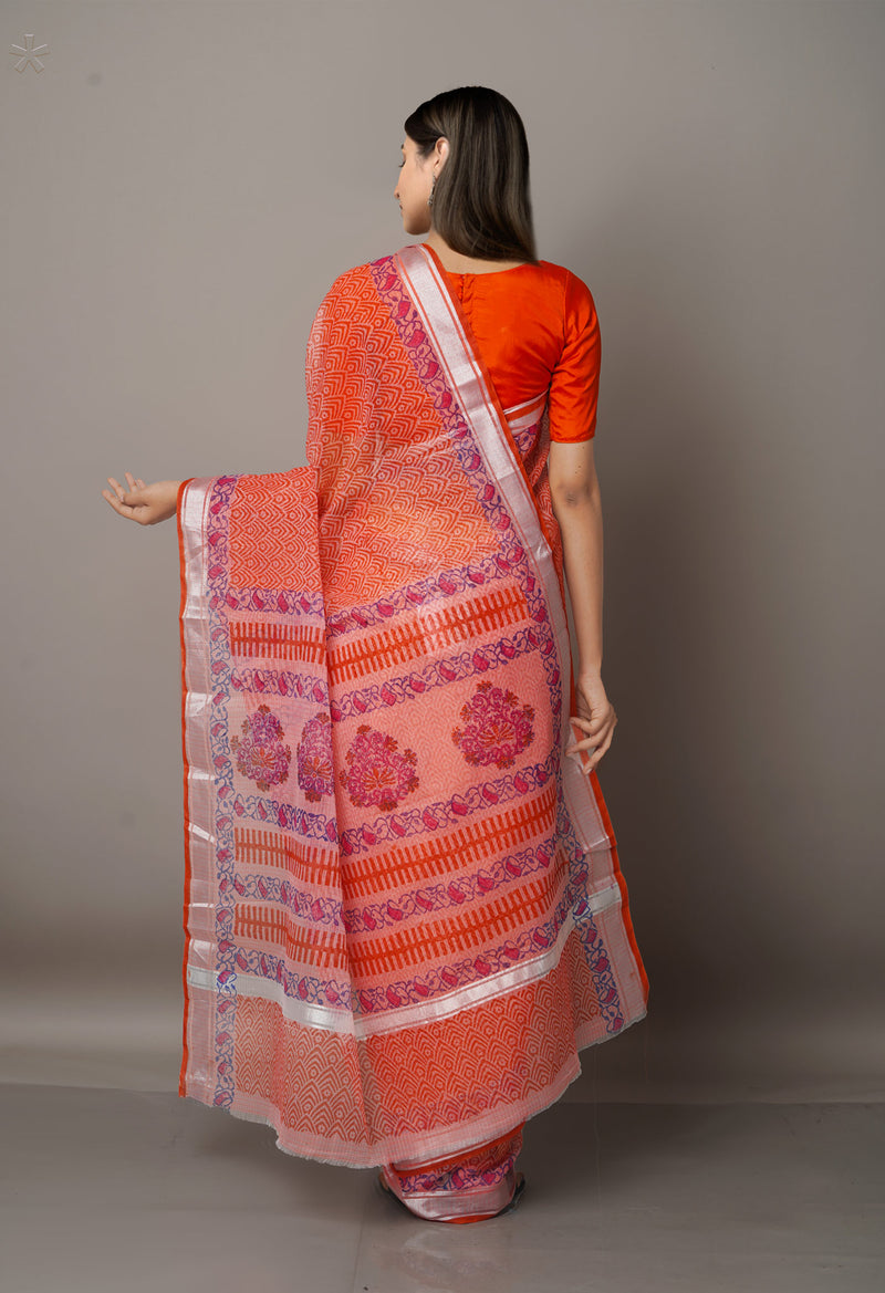 Red Pure Block Printed Kota Cotton Saree-UNM66948